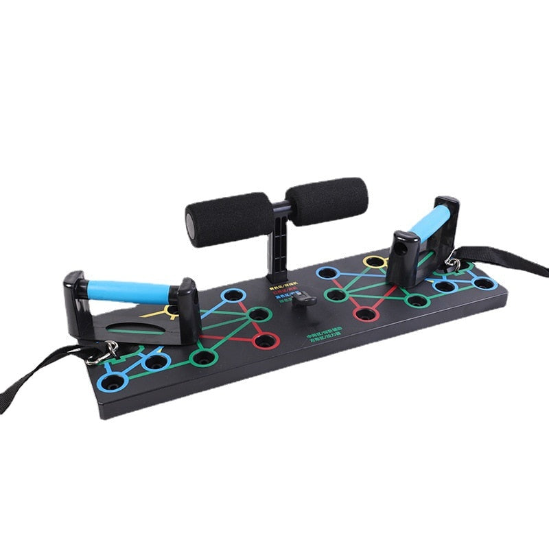 Tabla para flexiones con asas y bandas de resistencia