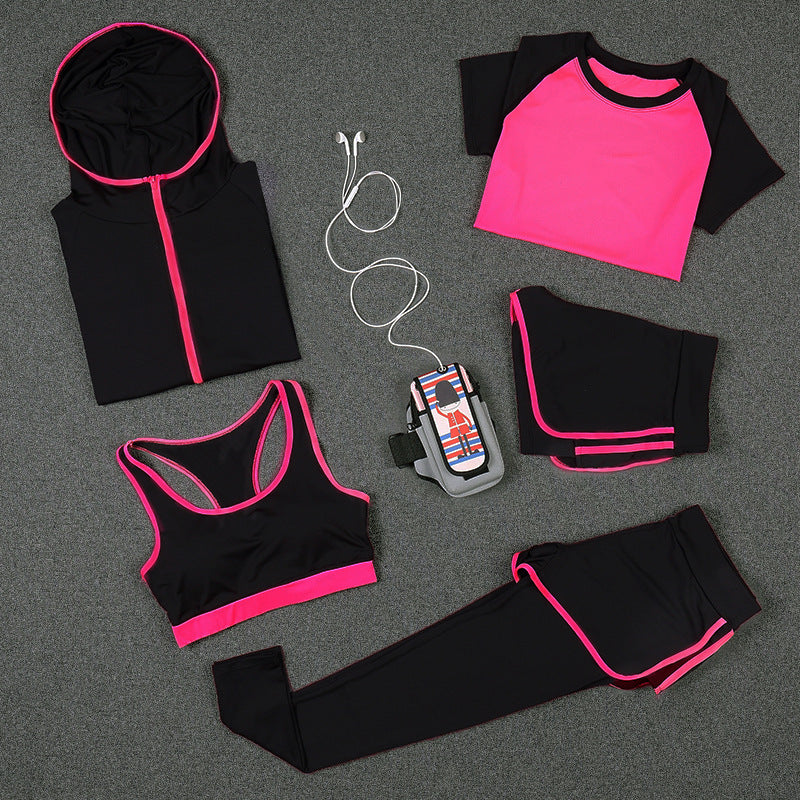 Set de yoga de 5 piezas para mujer: camiseta de running, sujetador deportivo, chaleco, pantalones de fitness, pantalones cortos de manga corta, conjunto de ropa deportiva para gimnasio