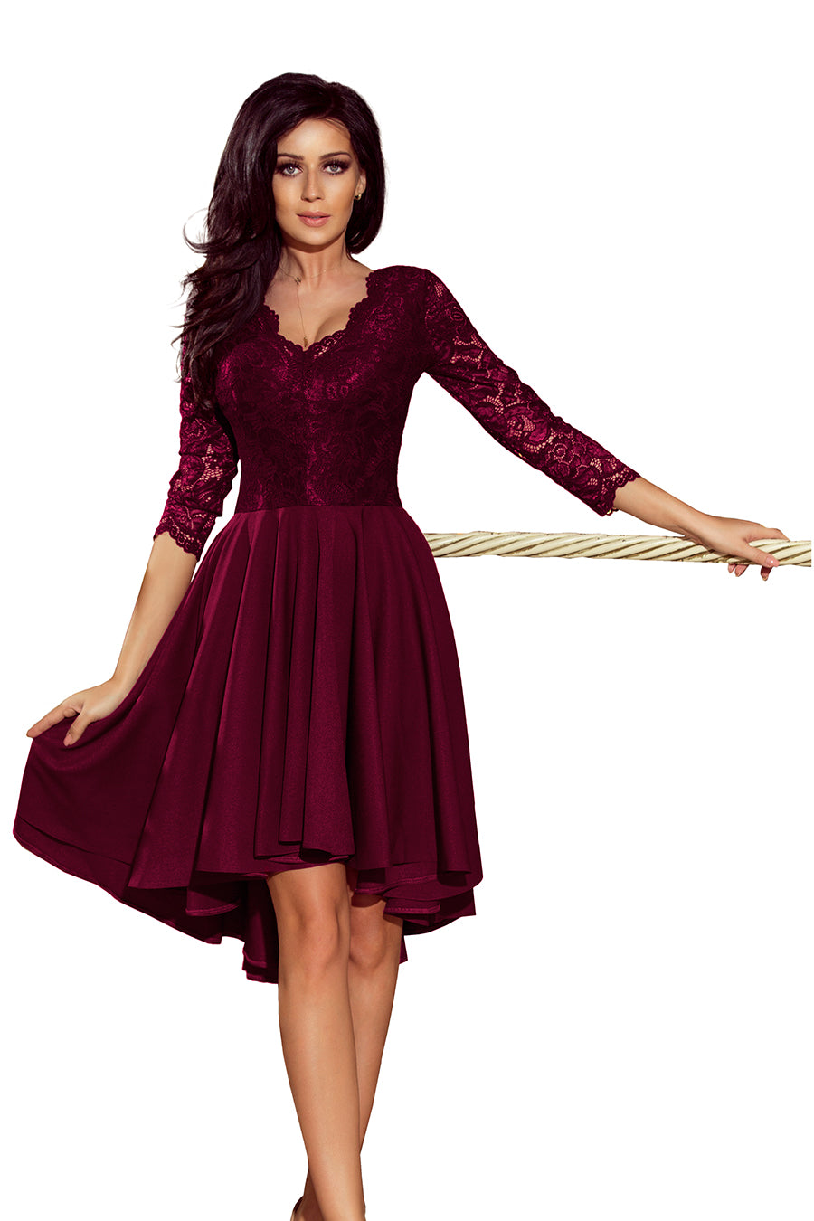 Numoco 210-13 NICOLLE - dress with longer back with lace neckline - plum-5