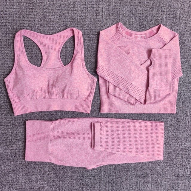 Conjunto Yoga Seamless para Mujer – 2, 3 o 5 Piezas con Crop Top Manga Larga, Corta o Sin Mangas y Leggings