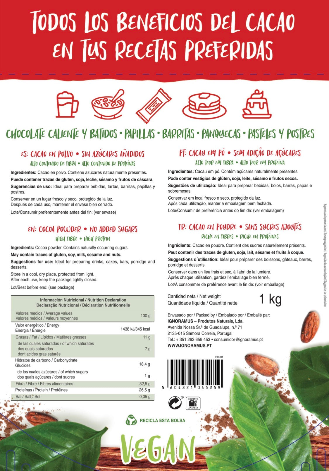 Cacao Puro en Polvo 100% Natural 1Kg - Cem Porcento