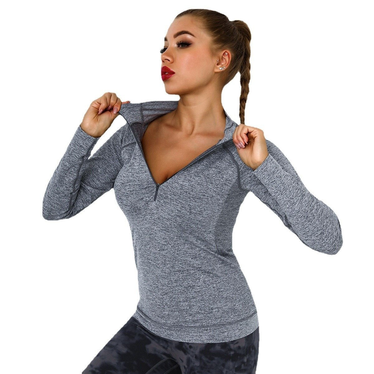 Camiseta deportiva de manga larga para mujer con cremallera, bolsillo, sudadera de gimnasio, blusa de yoga atlética, de secado rápido