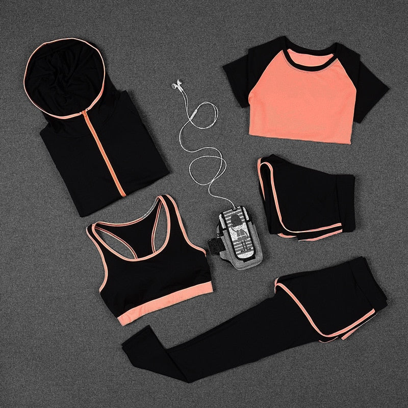 Set de yoga de 5 piezas para mujer: camiseta de running, sujetador deportivo, chaleco, pantalones de fitness, pantalones cortos de manga corta, conjunto de ropa deportiva para gimnasio