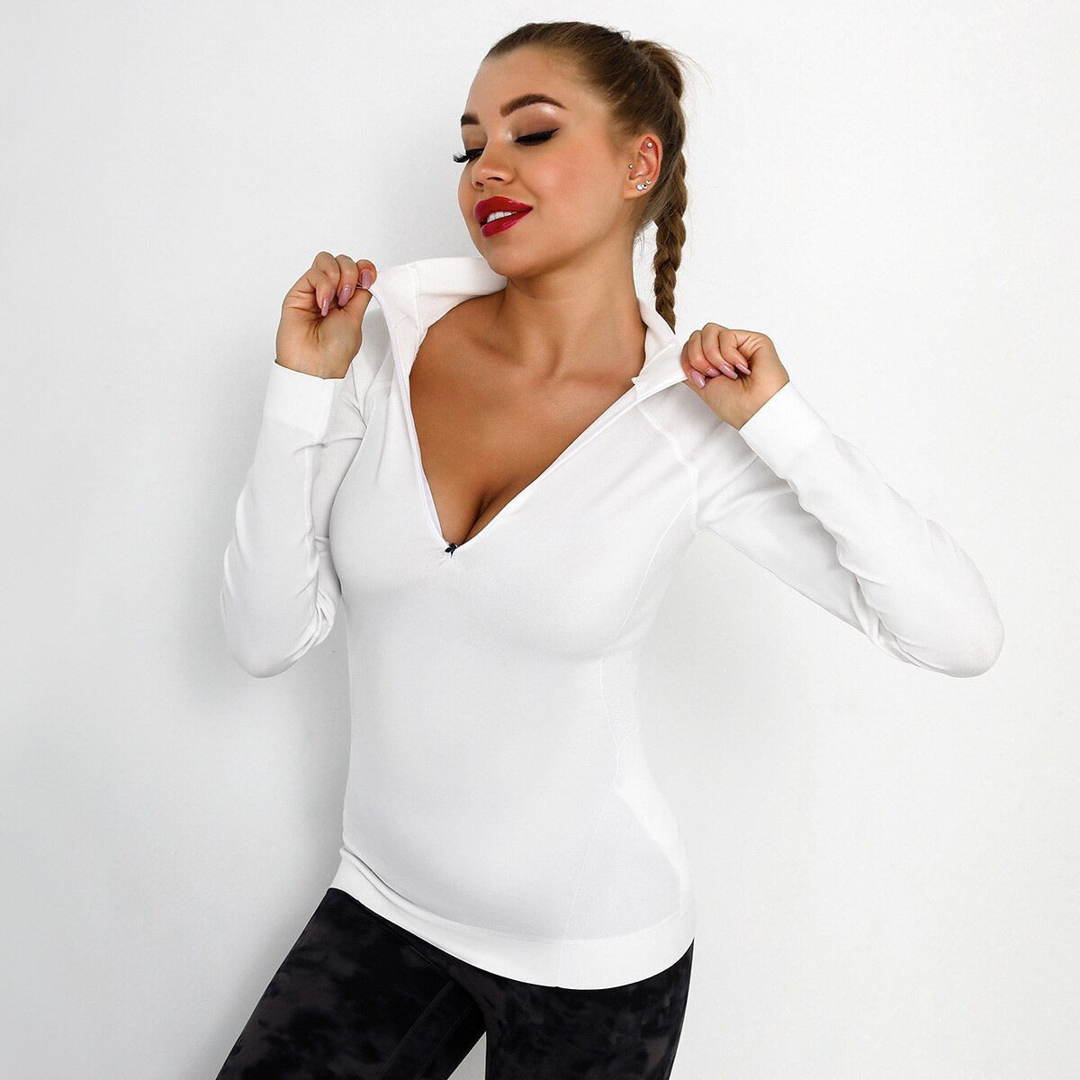 Camiseta deportiva de manga larga para mujer con cremallera, bolsillo, sudadera de gimnasio, blusa de yoga atlética, de secado rápido