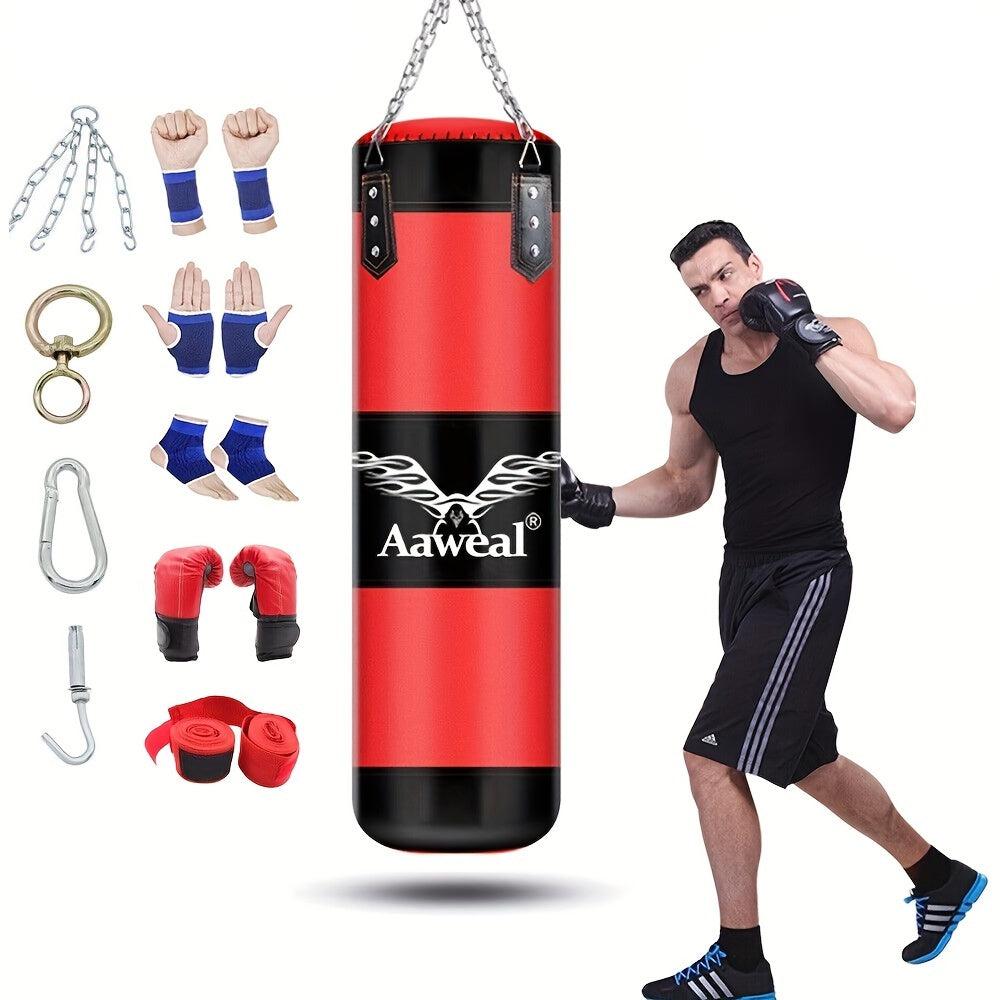Saco de Boxeo Hueco Colgante con Gancho – Cuero PU, 100cm, Set Completo con Guantes y Accesorios, Rojo