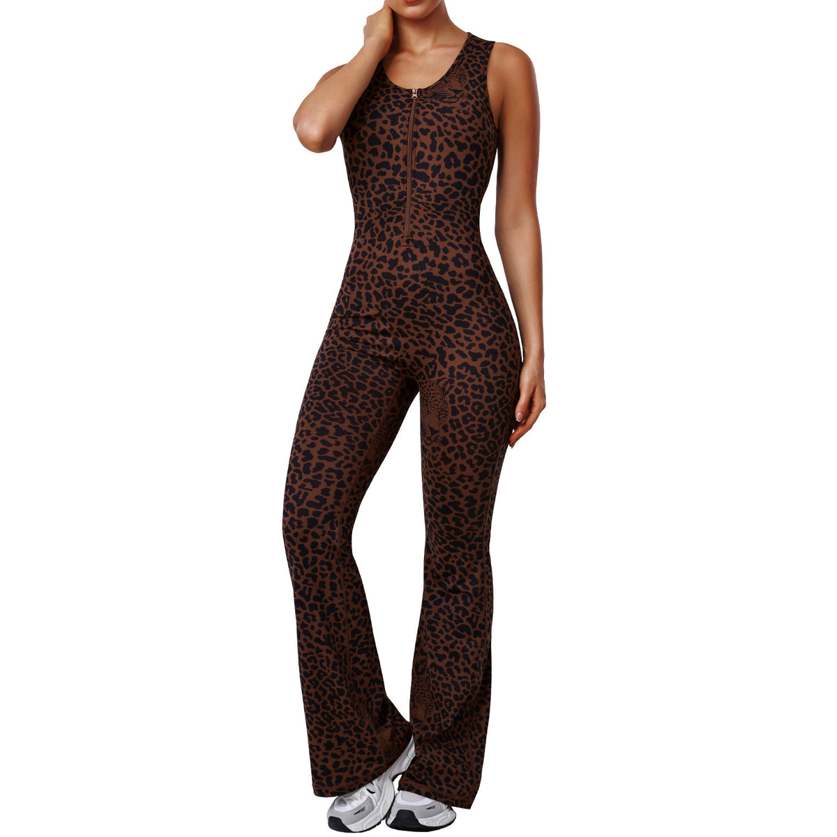 Mono acampanado de cintura alta con estampado de leopardo y diseño de espalda descubierta, body de yoga sexy, ropa deportiva casual de moda con sujetador integrado