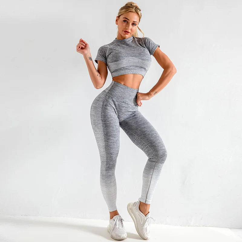 Conjunto Deportivo Mujer Sin Costuras Yoga Ropa de Gimnasio Mujer Conjunto de Leggings Largos Ombre de Manga Larga Cintura Alta Ropa de Gimnasio de Invierno Traje de Yoga Ajustado