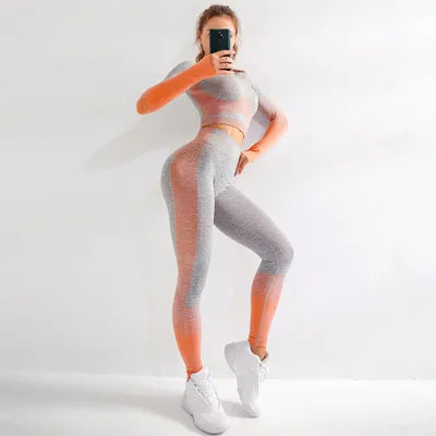 Conjunto Deportivo Mujer Sin Costuras Yoga Ropa de Gimnasio Mujer Conjunto de Leggings Largos Ombre de Manga Larga Cintura Alta Ropa de Gimnasio de Invierno Traje de Yoga Ajustado