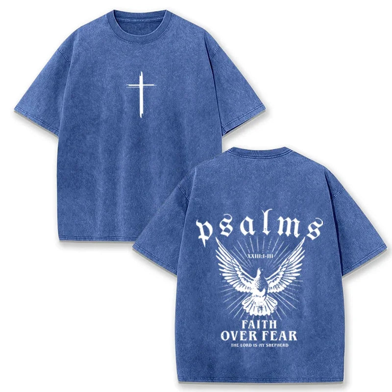 Retro Faith Over Fear T Shirt Psalms Dove Print Casual Washed Religious Streetwear-3