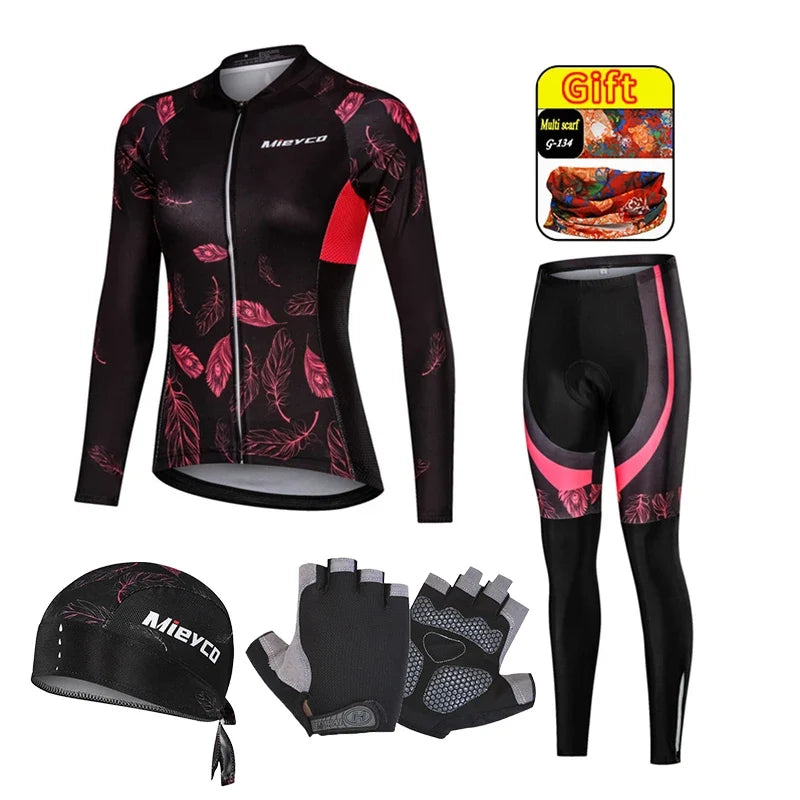Kit Maillot Ciclismo Manga Larga para Mujer – Con Culotte Acolchado 5D, MTB, Primavera y Otoño