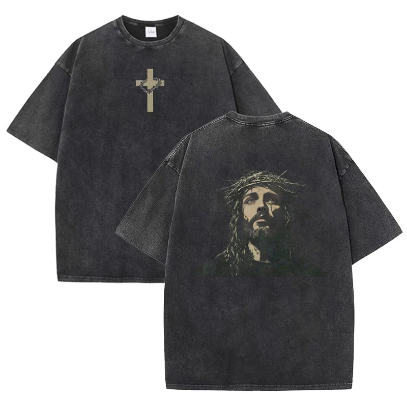 Men's Religious Graphic Tee - Jesus Crown of Thorns Oversized Cotton T-Shirt Casual Streetwear-0