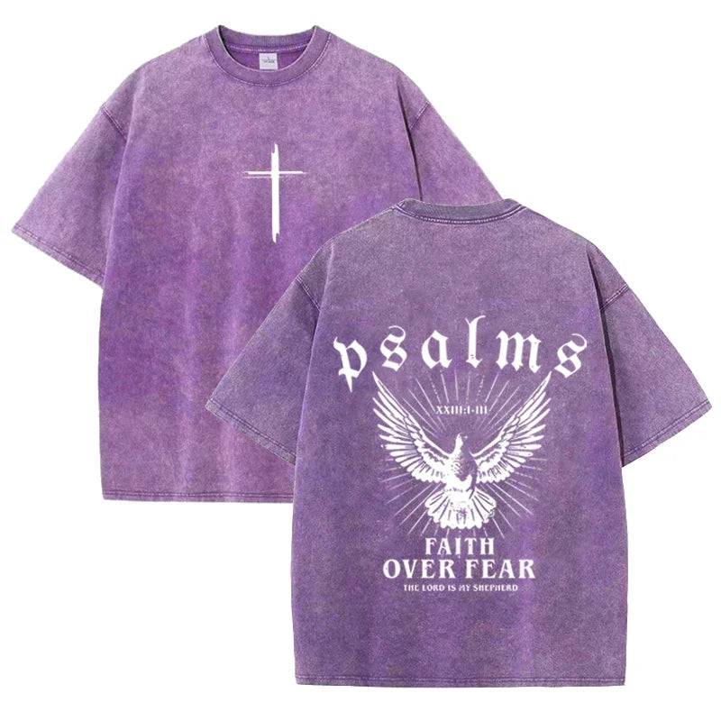 Camiseta Religiosa Retro – Fe sobre el Miedo, Estampado Paloma y Salmos, Streetwear