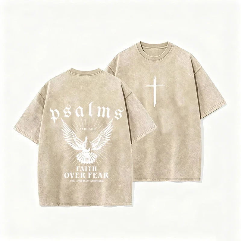 Retro Faith Over Fear T Shirt Psalms Dove Print Casual Washed Religious Streetwear-2
