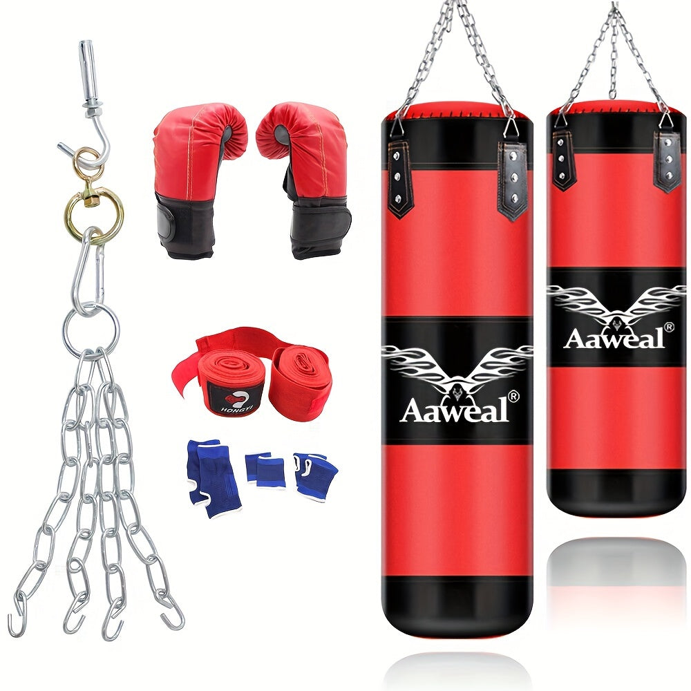 Saco de Boxeo Hueco Colgante con Gancho – Cuero PU, 100cm, Set Completo con Guantes y Accesorios, Rojo
