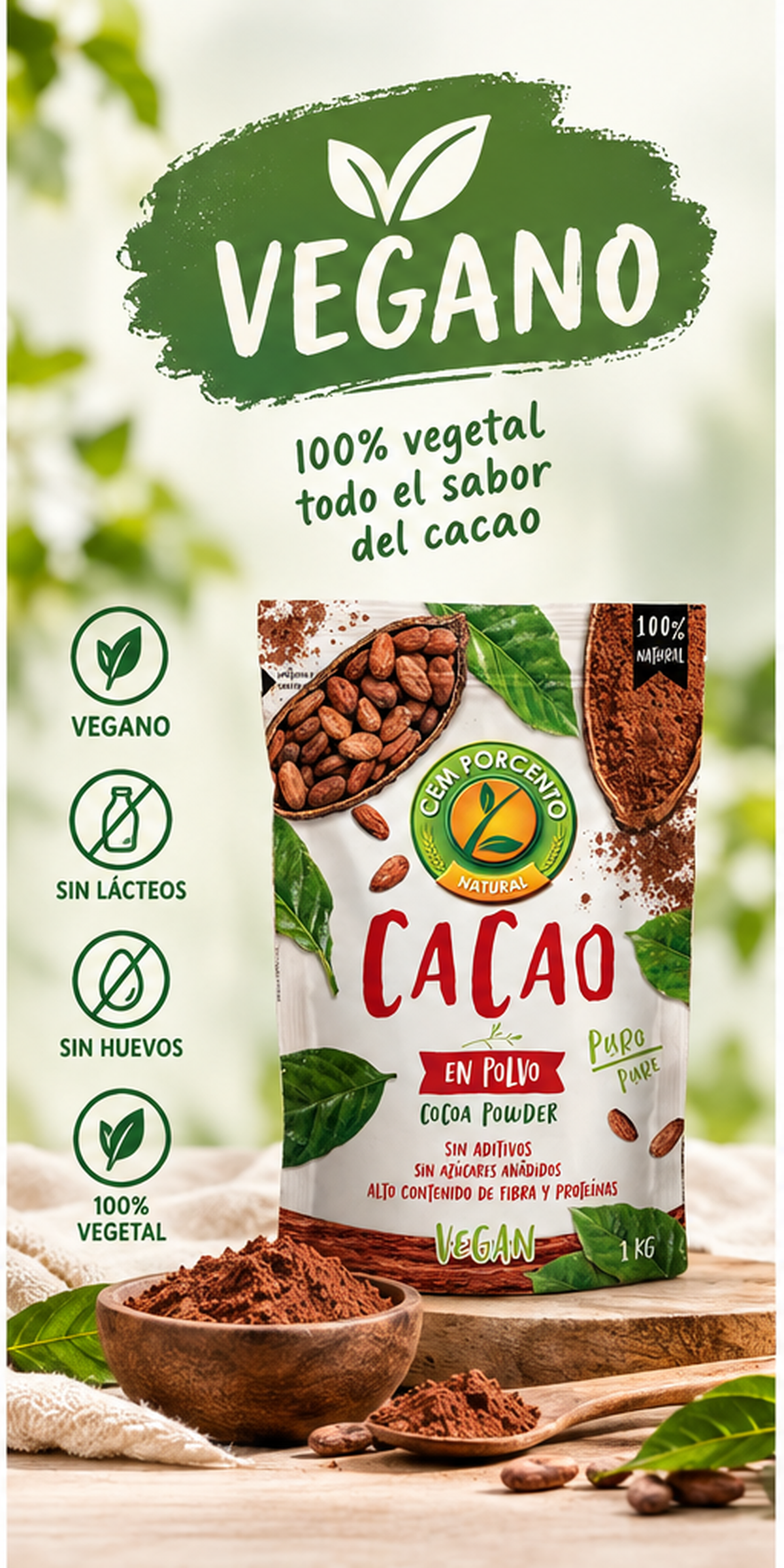 Cacao Puro en Polvo 100% Natural 1Kg - Cem Porcento