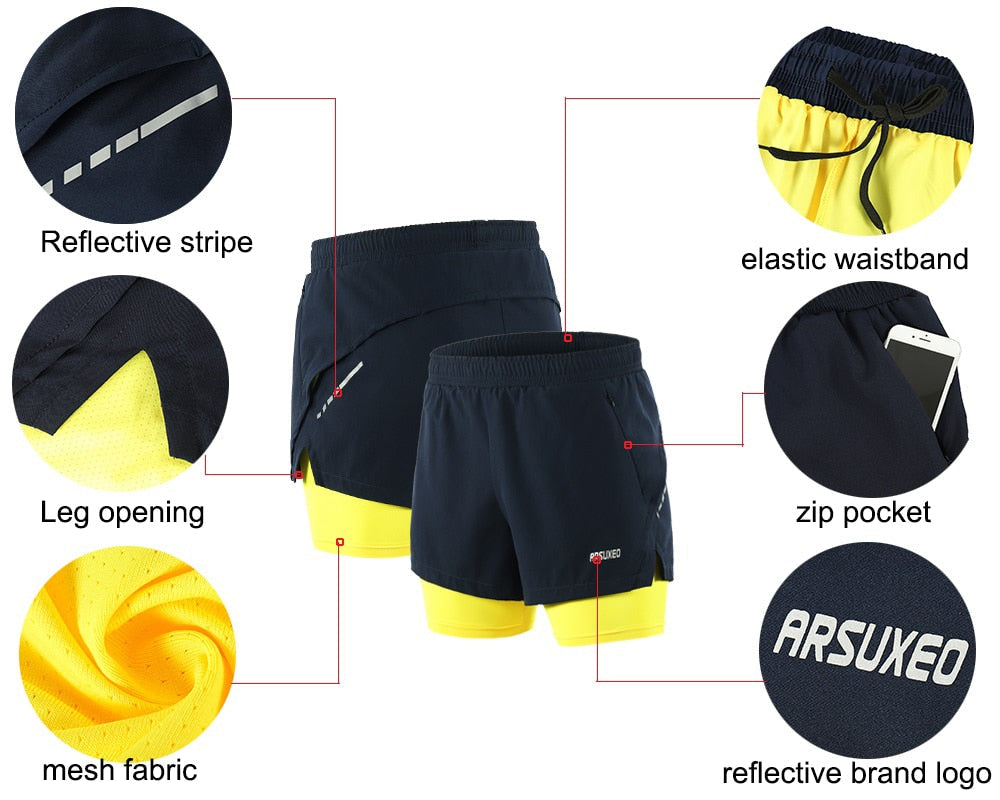 Shorts Running 2 en 1 para Hombre – Secado Rápido, Patchwork, Bolsillos con Cremallera, Gym y Jogging