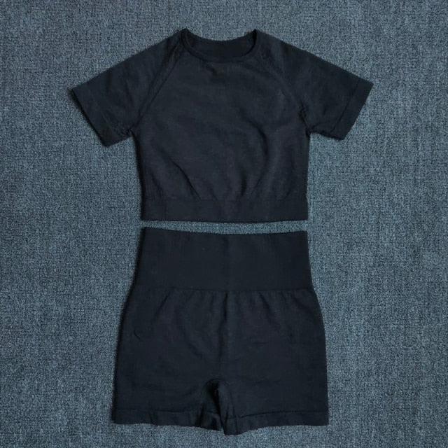 Seamless Women Yoga Set Crop Top Short Sleeve Shirt Fitness Shorts Workout Clothes For Women Gym Clothing Yoga Sport Set-8