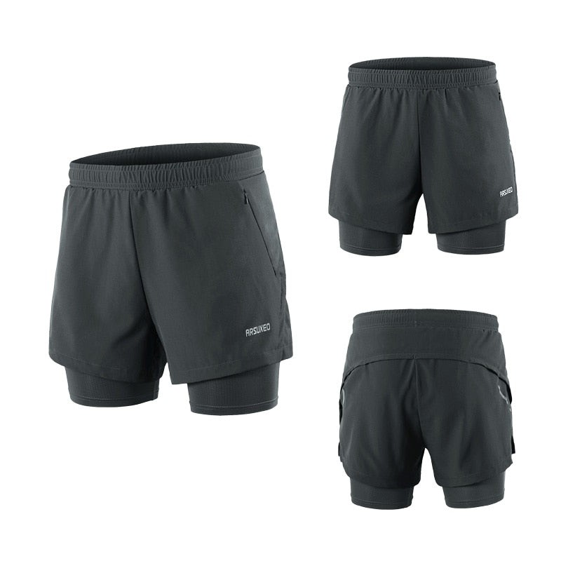 Shorts Running 2 en 1 para Hombre – Secado Rápido, Patchwork, Bolsillos con Cremallera, Gym y Jogging