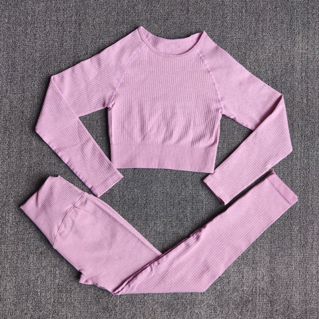 Conjunto Yoga Seamless para Mujer – 3 o 5 Piezas con Legging, Bra y Top Manga Larga o Corta