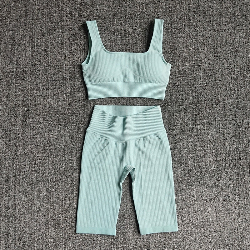 Conjunto Yoga Seamless 2 Piezas para Mujer – Sujetador Deportivo + Shorts, Fitness y Gym