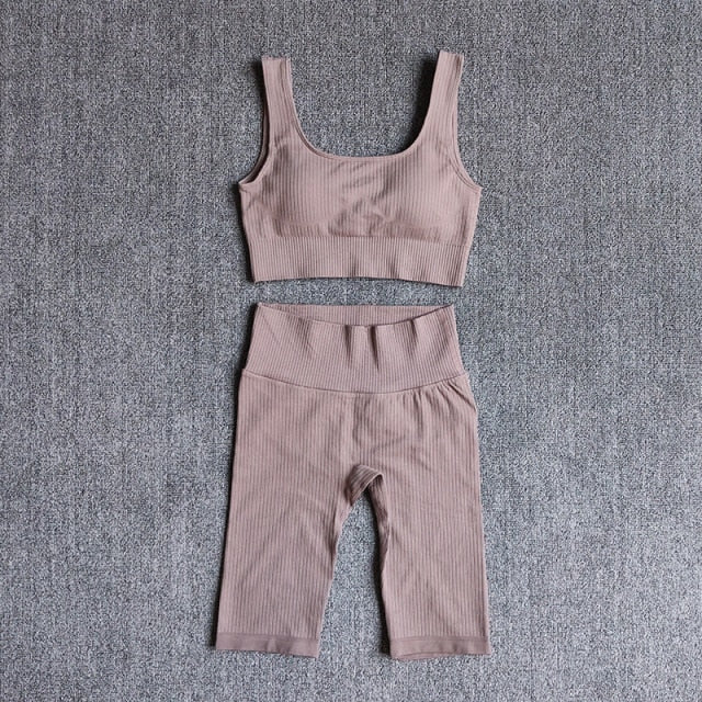 Conjunto Yoga Seamless 2 Piezas para Mujer – Sujetador Deportivo + Shorts, Fitness y Gym