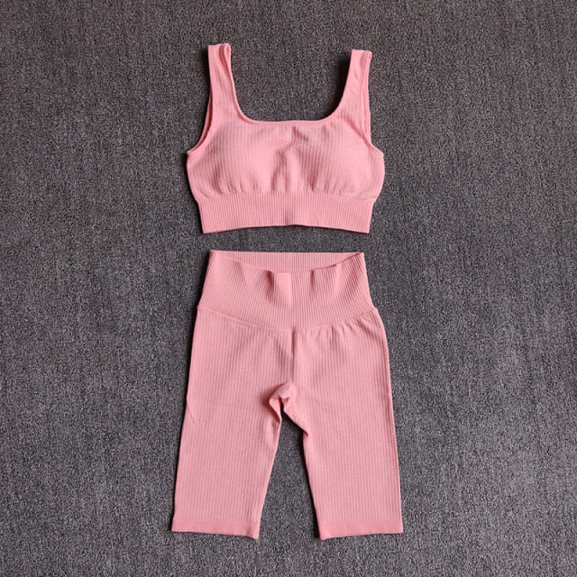 Conjunto Yoga Seamless 2 Piezas para Mujer – Sujetador Deportivo + Shorts, Fitness y Gym