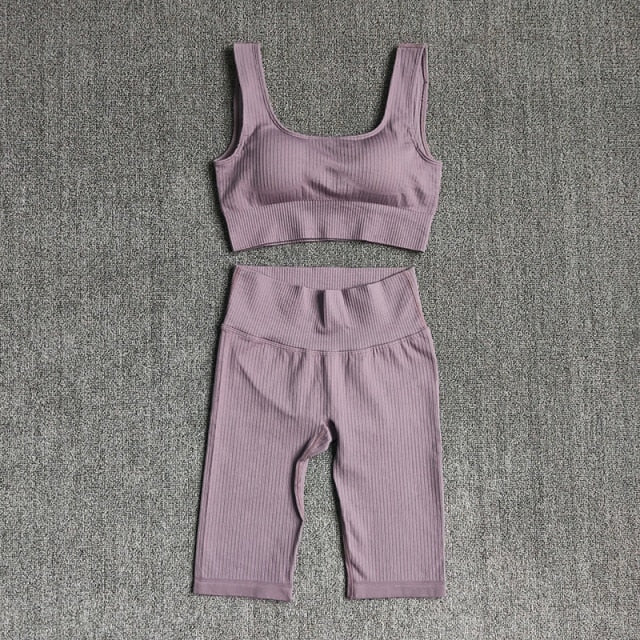 Conjunto Yoga Seamless 2 Piezas para Mujer – Sujetador Deportivo + Shorts, Fitness y Gym