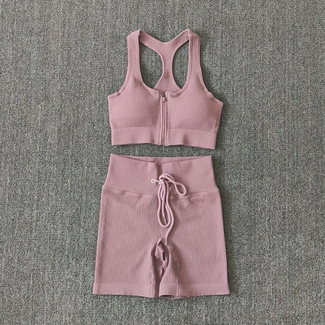 Conjunto Yoga Seamless para Mujer – Cremallera, Manga Larga, Leggings Cintura Alta y Bra Deportivo