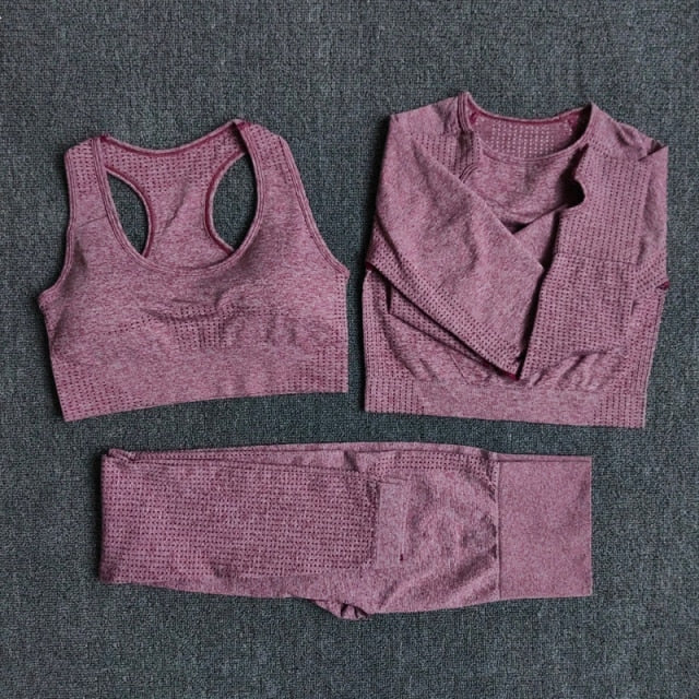 Conjunto Yoga Seamless para Mujer – 2, 3 o 5 Piezas con Crop Top Manga Larga, Corta o Sin Mangas y Leggings