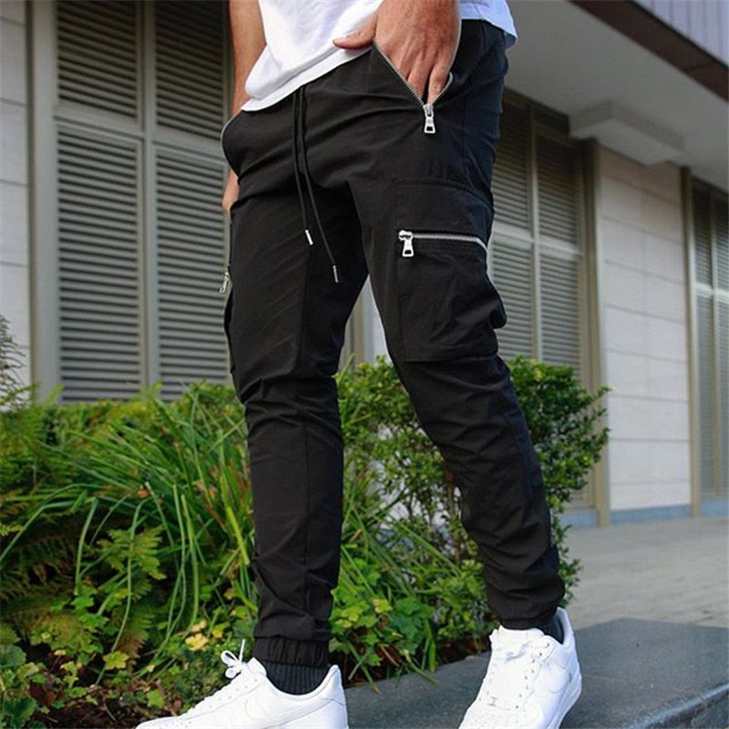 Jogger Sweatpants Track Pants Men Slim Fit Workout Trousers Male Multi-pocket Casual Skinny Pants Men's Zipper Design Sportswear