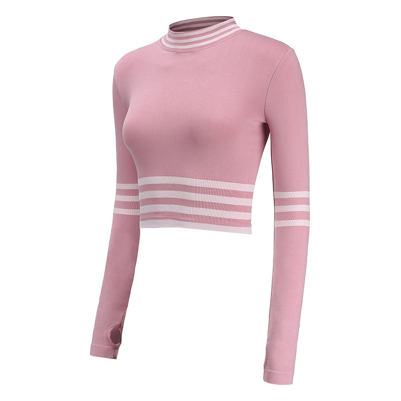 Crop tops deportivos de rayas sexys para mujer, camisetas de compresión de manga larga para yoga y fitness