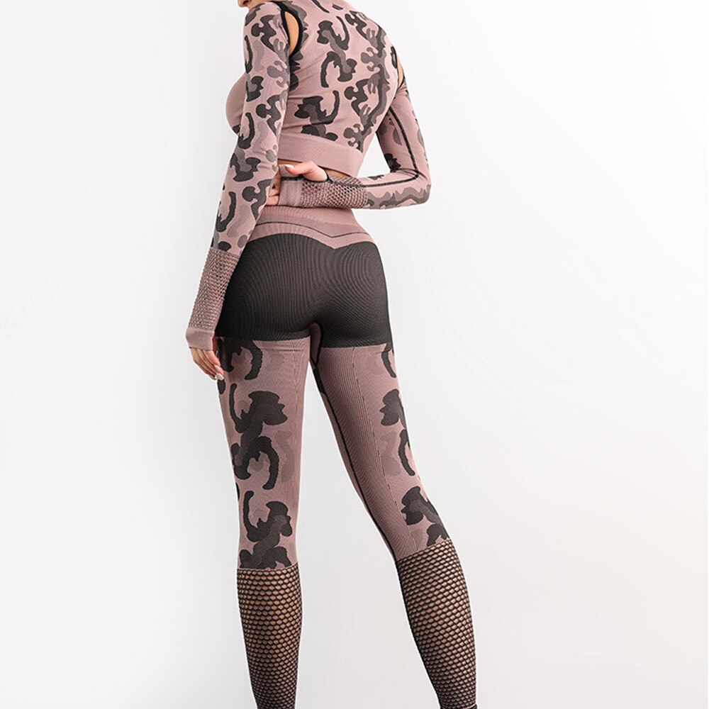 2pcs Female Yoga Set Seamless High Waist Leggings Lace Mesh Sexy Hot Tracksuit Workout Clothes
