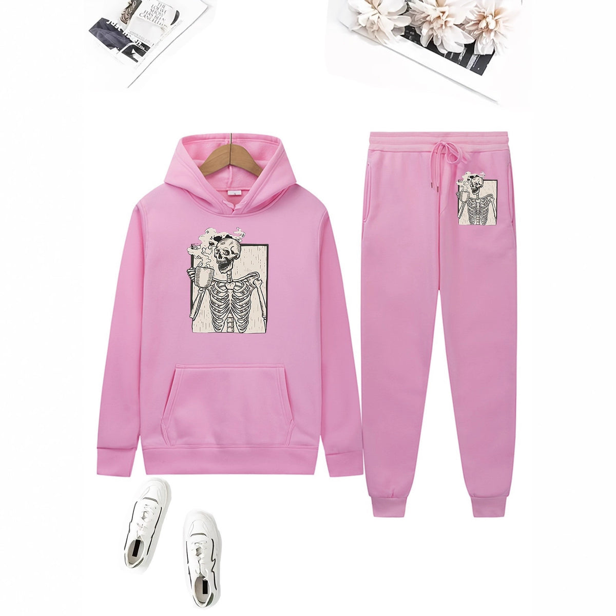 Cute Bear Print Fleece Hoodie Set for Women, Casual Loose Fit, Comfortable Tracksuit, Soft and Warm Sweatshirt