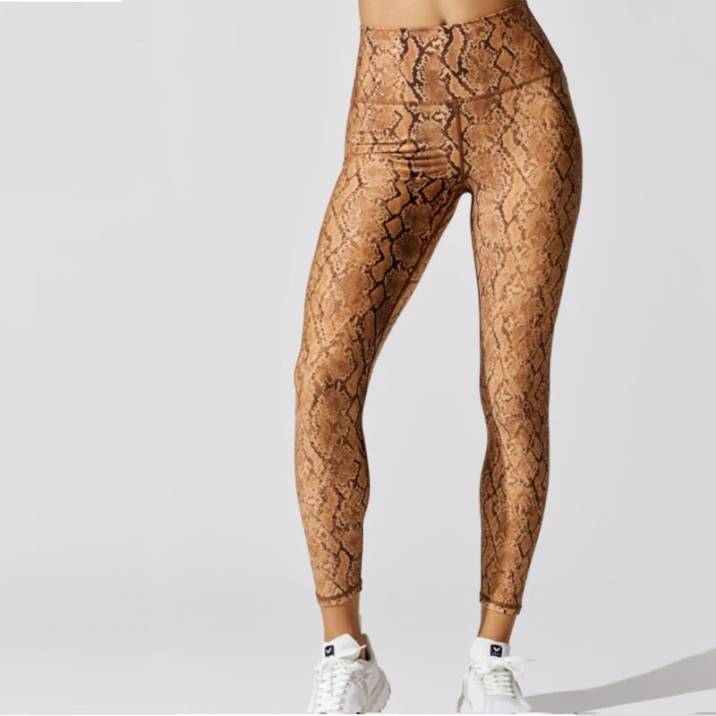 Leggings con estampado de serpiente para mujer, tiro alto, largo completo, pantalones deportivos para correr, leggings de gimnasio elásticos de compresión, talla estadounidense