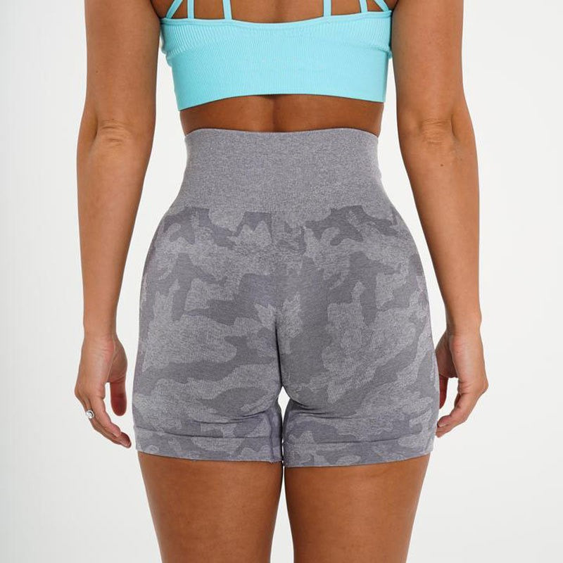 Pantalones cortos de fitness de jacquard de camuflaje, pantalones cortos de yoga de camuflaje, pantalones cortos de camuflaje sin costuras