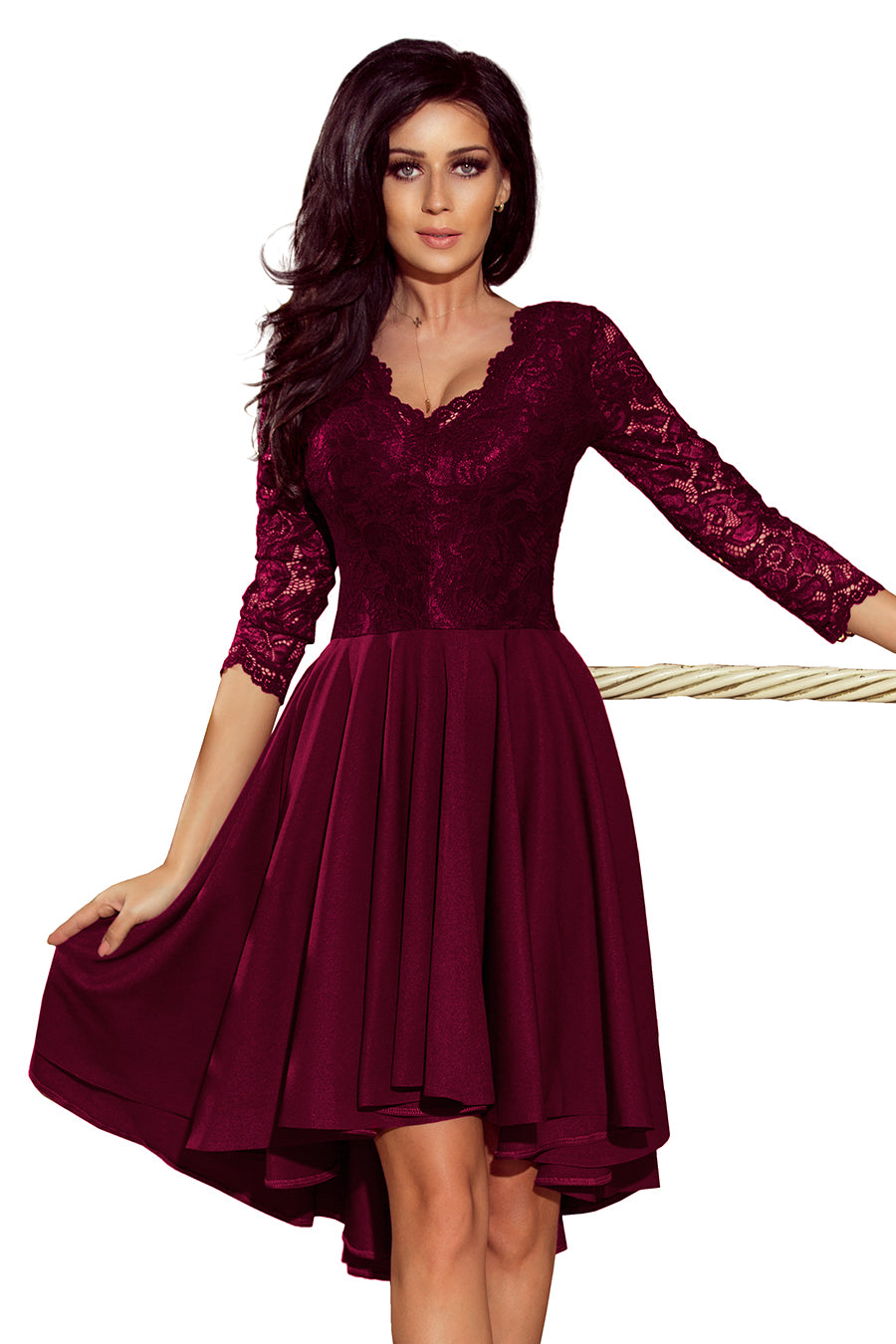 Numoco 210-13 NICOLLE - dress with longer back with lace neckline - plum-6