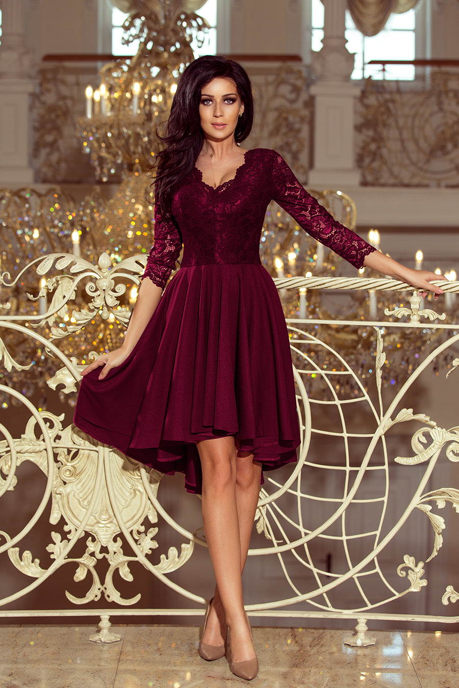 Numoco 210-13 NICOLLE - dress with longer back with lace neckline - plum-2