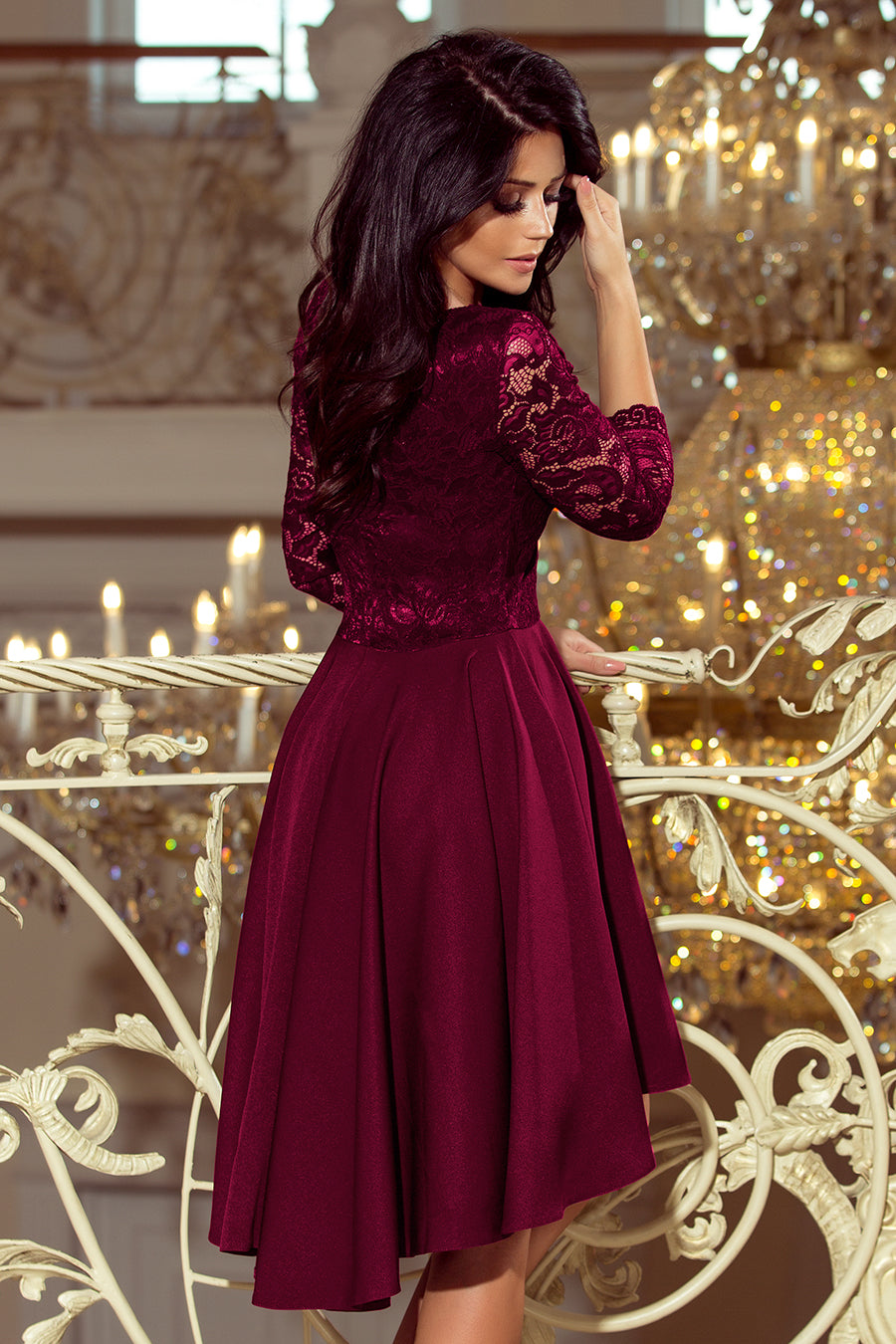 Numoco 210-13 NICOLLE - dress with longer back with lace neckline - plum-3