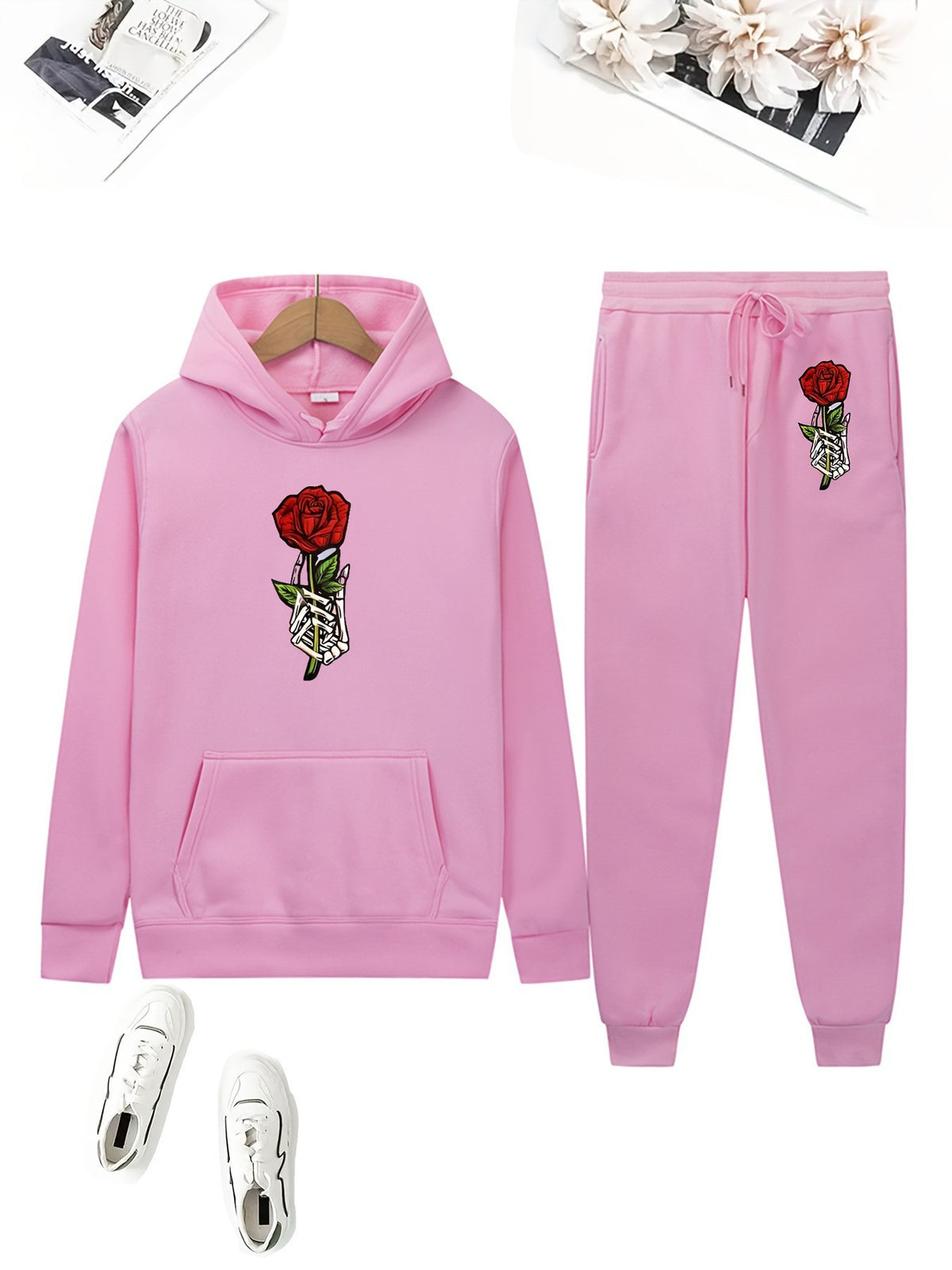 Cute Bear Print Fleece Hoodie Set for Women, Casual Loose Fit, Comfortable Tracksuit, Soft and Warm Sweatshirt
