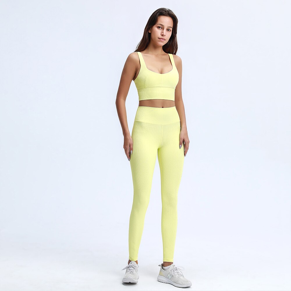 Conjunto de 2 piezas: Sujetador deportivo acanalado y leggings sin costuras para mujer, conjunto de entrenamiento, top corto para gimnasio y pantalones de yoga de tiro alto