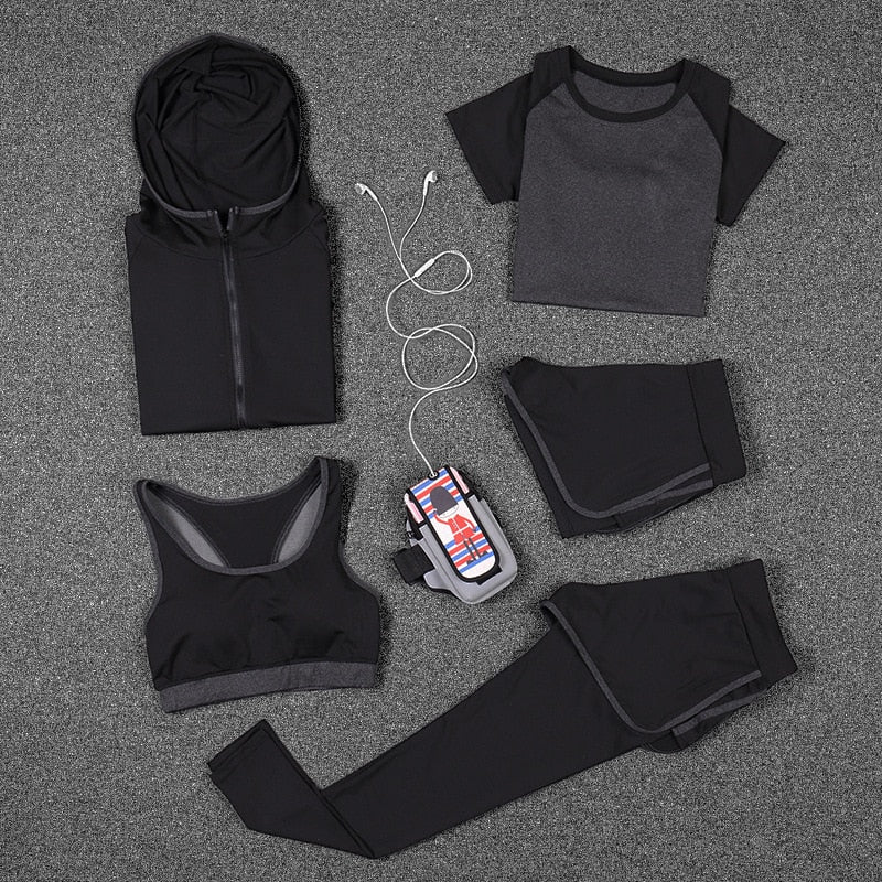Set de yoga de 5 piezas para mujer: camiseta de running, sujetador deportivo, chaleco, pantalones de fitness, pantalones cortos de manga corta, conjunto de ropa deportiva para gimnasio