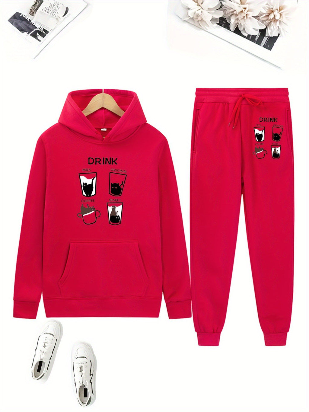 Cute Bear Print Fleece Hoodie Set for Women, Casual Loose Fit, Comfortable Tracksuit, Soft and Warm Sweatshirt