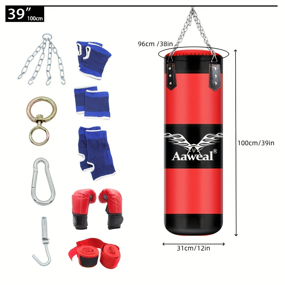 Saco de Boxeo Hueco Colgante con Gancho – Cuero PU, 100cm, Set Completo con Guantes y Accesorios, Rojo