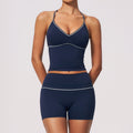 Conjunto deportivo de forro polar con bloques de color, cuello en V, estilo halter, ajuste en la cintura y tiro alto para yoga y fitness al aire libre para mujer
