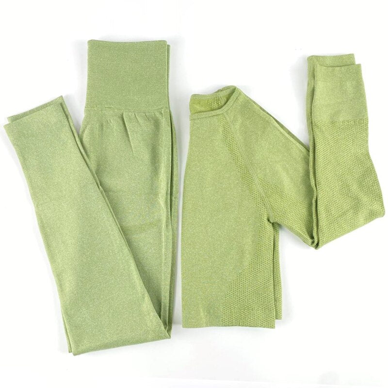 Conjunto de yoga sin costuras para mujer, leggings de gimnasio de cintura alta a prueba de sentadillas + camisetas, conjunto de deporte para entrenamiento de fitness con tops de manga larga