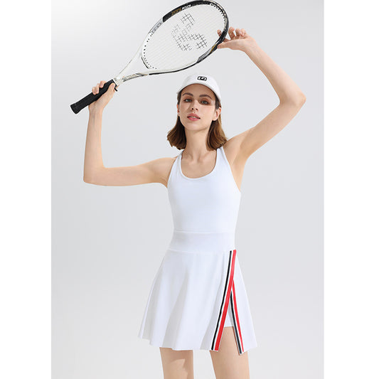 Nuevo mono deportivo vintage de tenis y bádminton con sujetador acolchado, falda de ropa activa sin mangas para exteriores con capa interior integrada