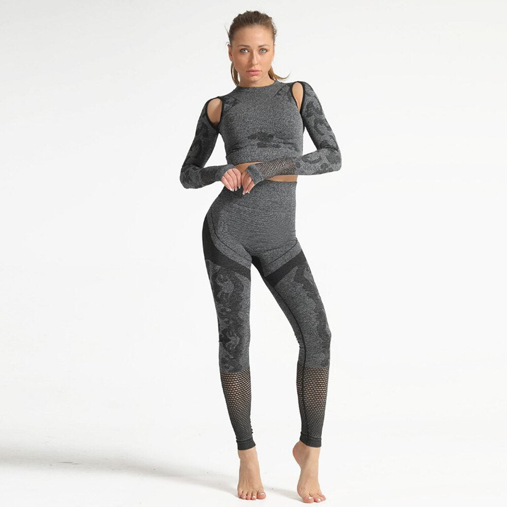 2pcs Female Yoga Set Seamless High Waist Leggings Lace Mesh Sexy Hot Tracksuit Workout Clothes