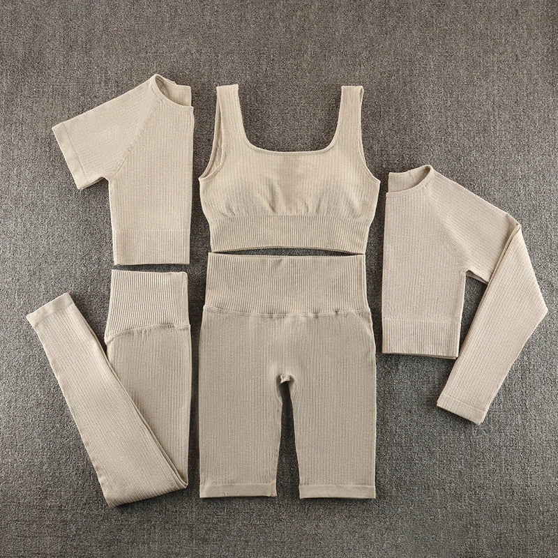 Conjunto deportivo de yoga sin costuras para mujer, ropa de entrenamiento para gimnasio, top corto de manga larga y leggings de cintura alta