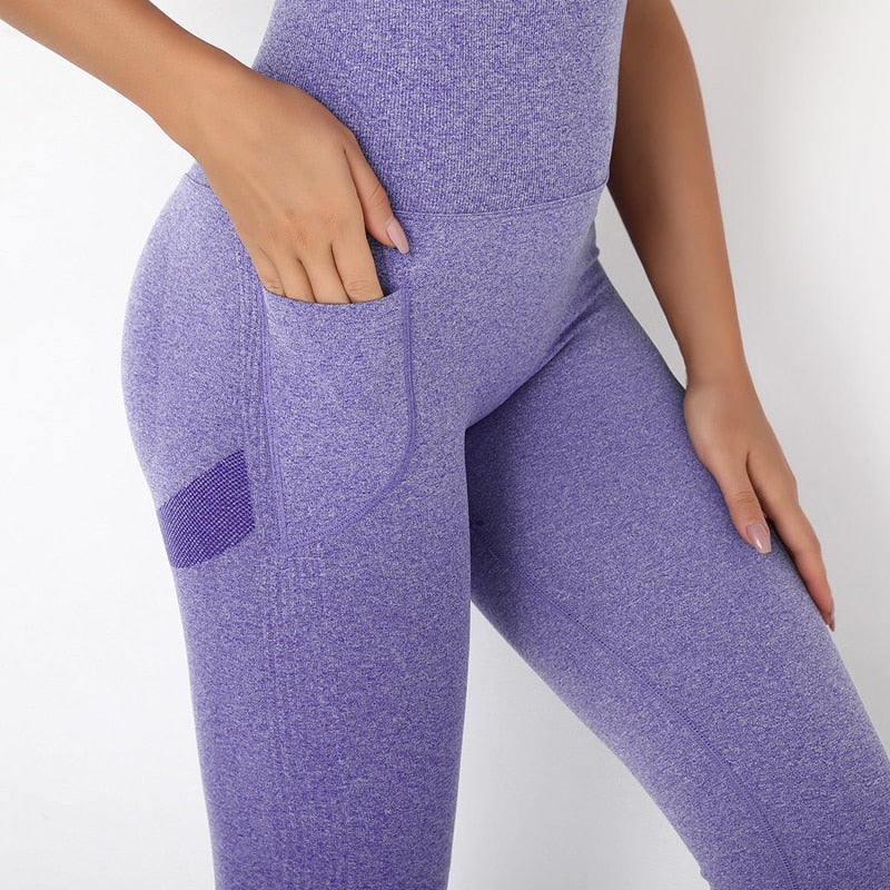 Conjunto de yoga con mameluco de una pieza para mujer, ropa de gimnasio, conjunto de entrenamiento físico, leggings sin costuras con bolsillo, ropa deportiva sin mangas, trajes deportivos