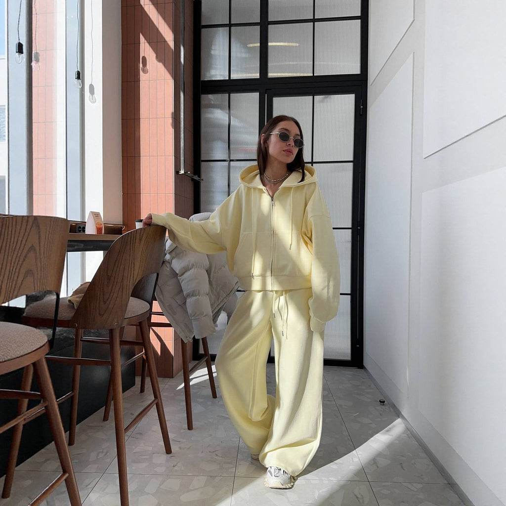 Solid Color Loose Fit Hooded Zip-Up Tracksuit Set for Women